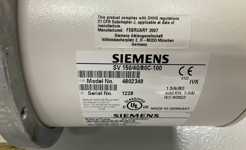 X-Ray Tube SV 150/40/80C-100 (4802349/4800723) SIEMENS